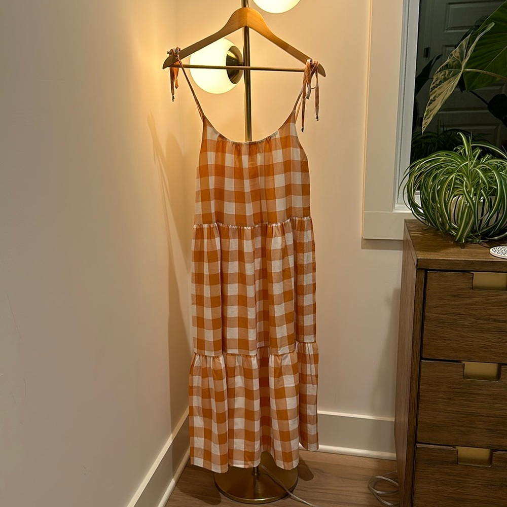 New without tags, never worn, size small, orange and white checkered dress